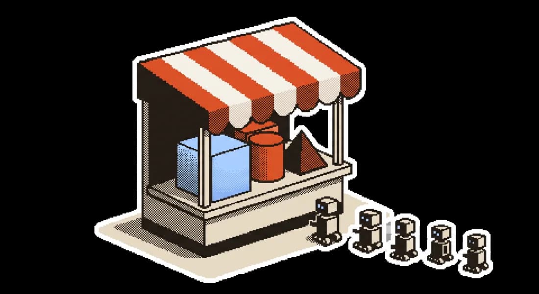 A market stall stacked with dataset and API parcels, with a line of agents waiting to buy