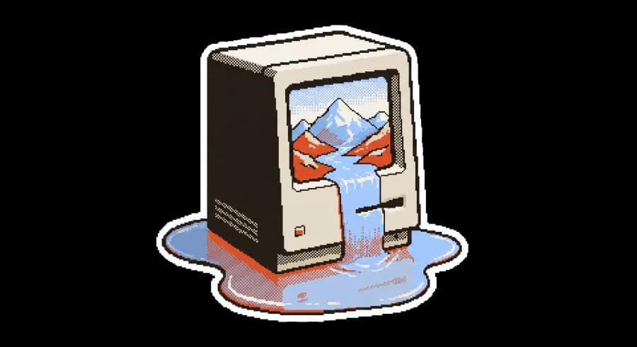 A retro computer with a mountain landscape flowing out of its screen into a pool of data