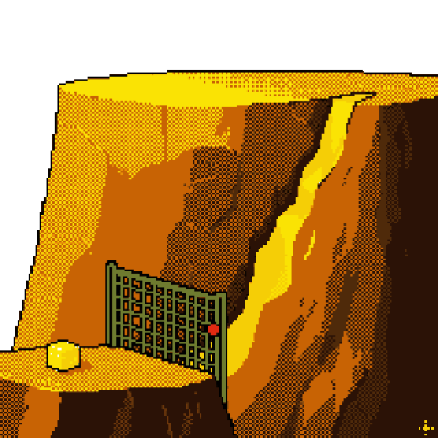 A mesa cut open to show an ore seam, a loose sample block on the ledge in front of a closed gate