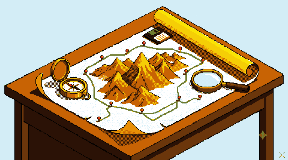 A surveyor's table with a mapped mountain range, compass and magnifier