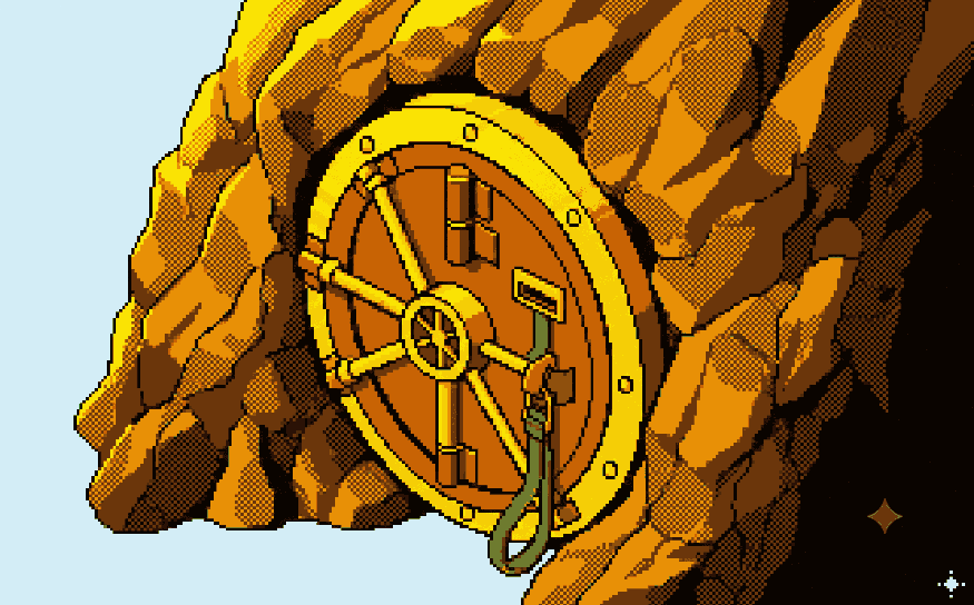A brass vault door set into a canyon wall