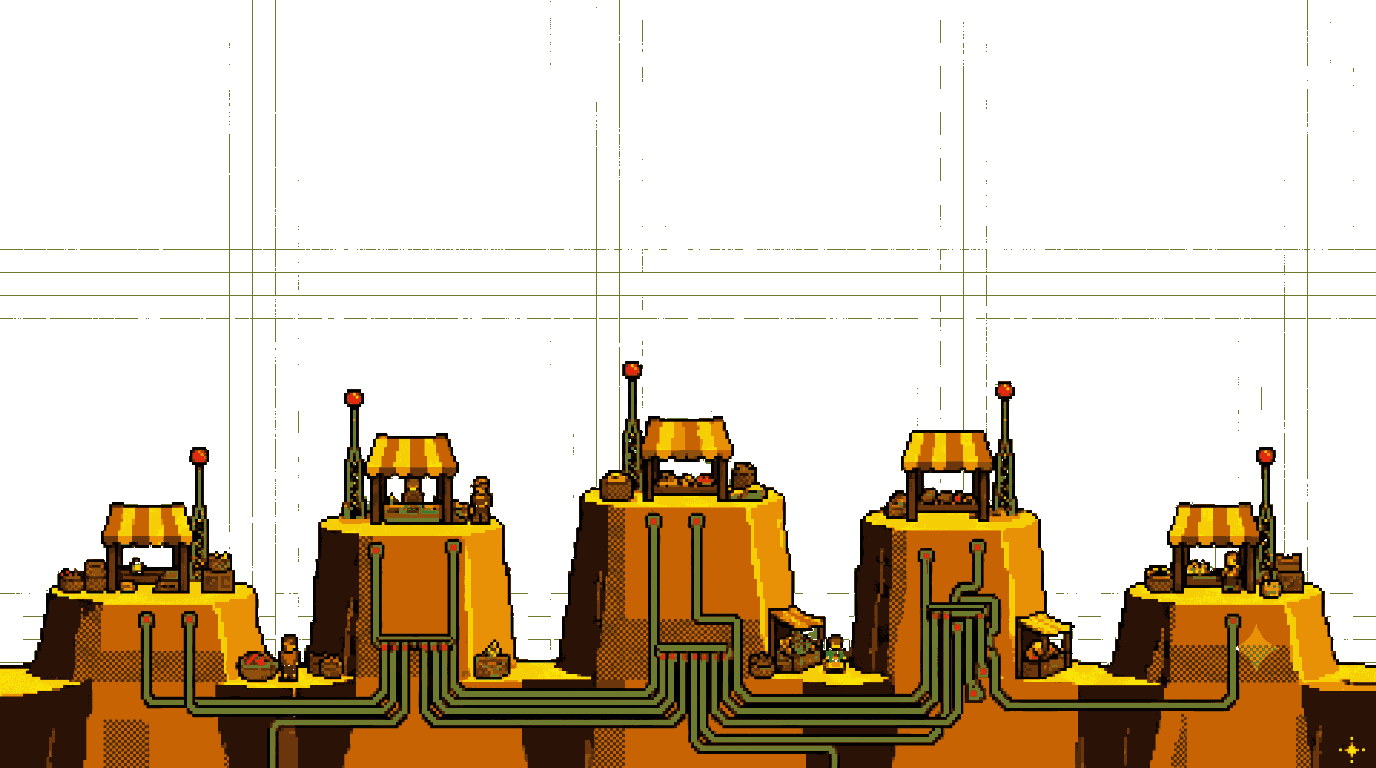 A row of mesa market stalls linked by circuit traces