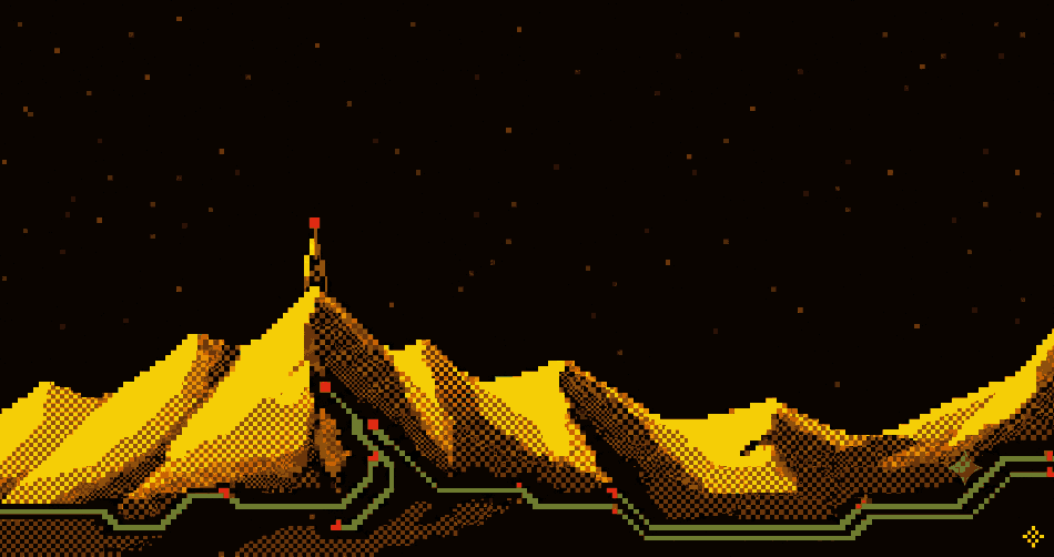 A dark pixel-art mountain ridge under stars, one beacon lit
