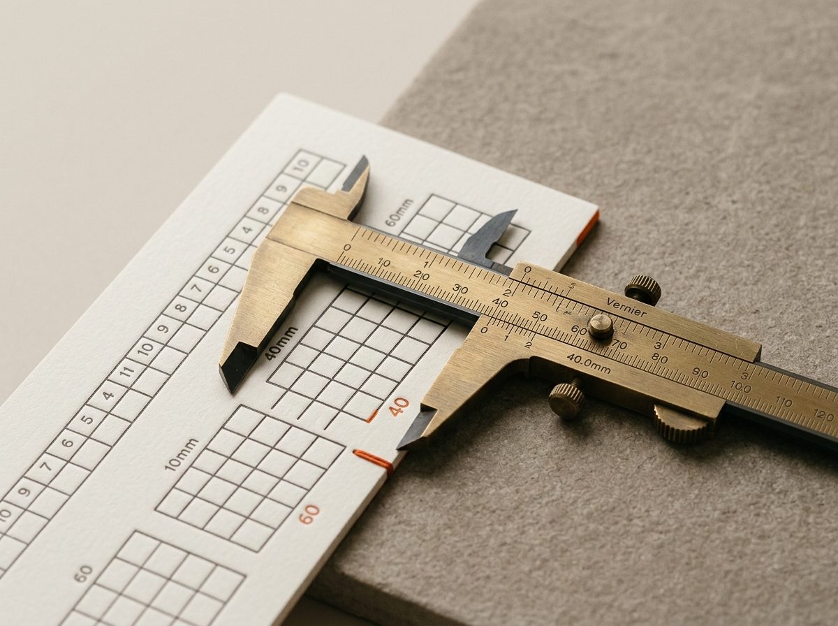 A precision brass caliper measuring structured data indices on an editorial surface.