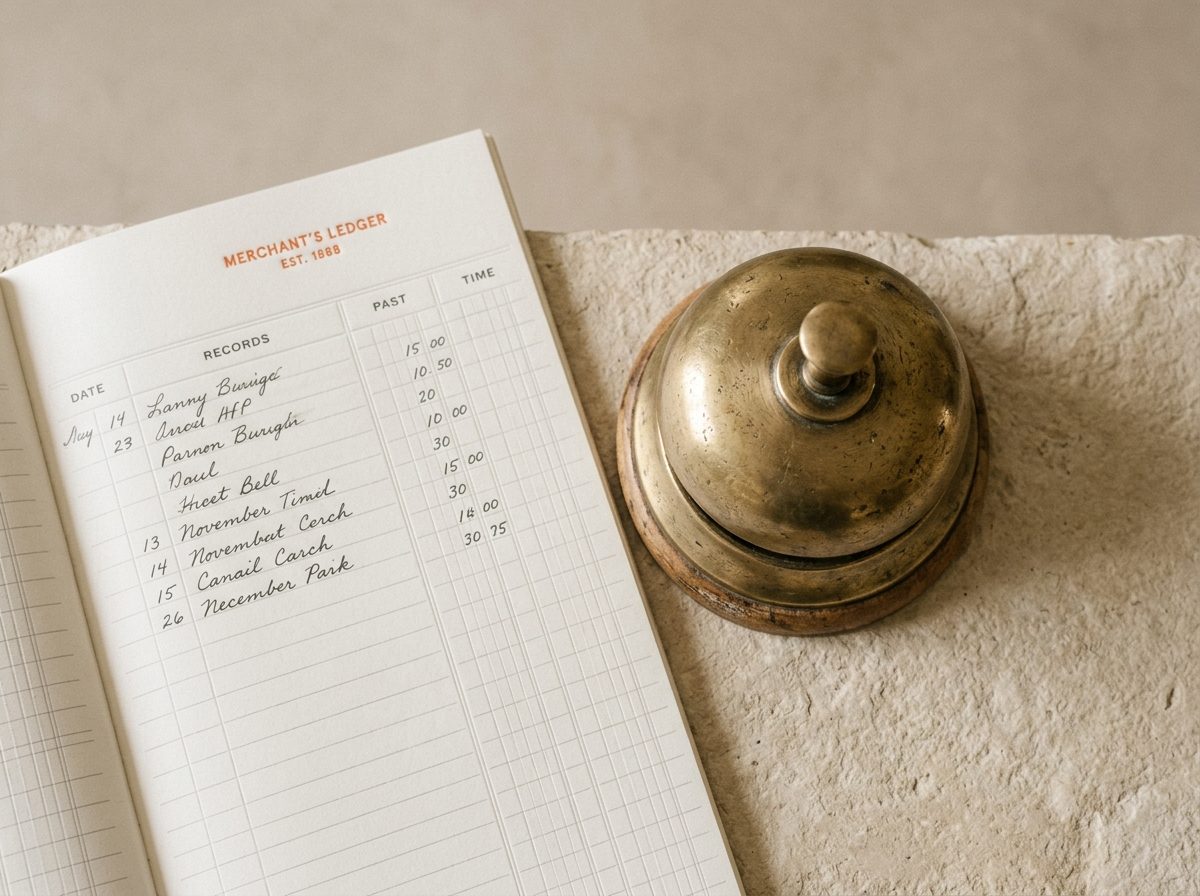 An editorial brass counter bell and merchant ledger on a warm textured stone desk.